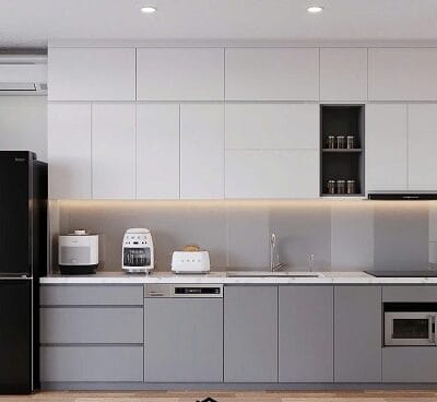 Tủ bếp màu trắng và ghi xám đẹp