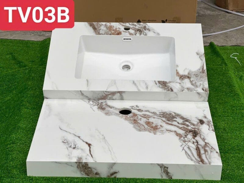 Bàn đá 1 tầng chậu âm tràn viền màu trắng