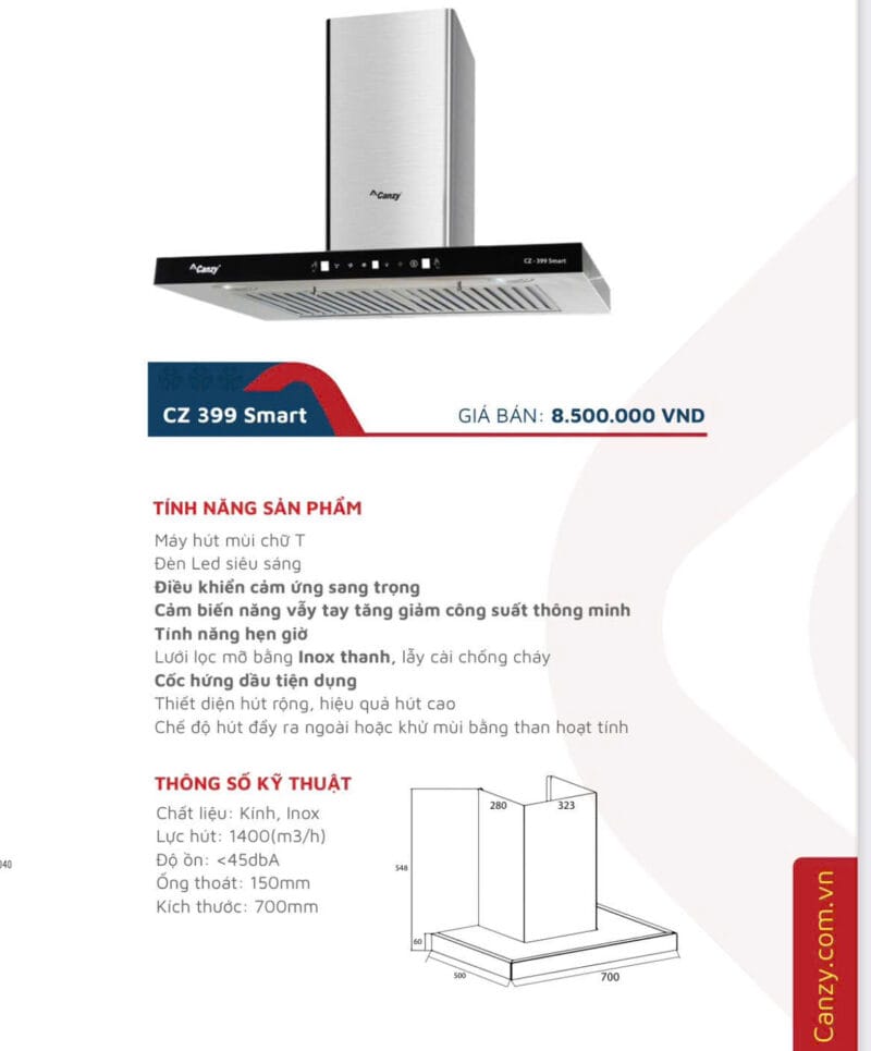 Hút mùi kích thước 700 Canzy