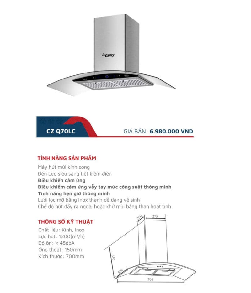 Hút mùi kích thước 700 Canzy