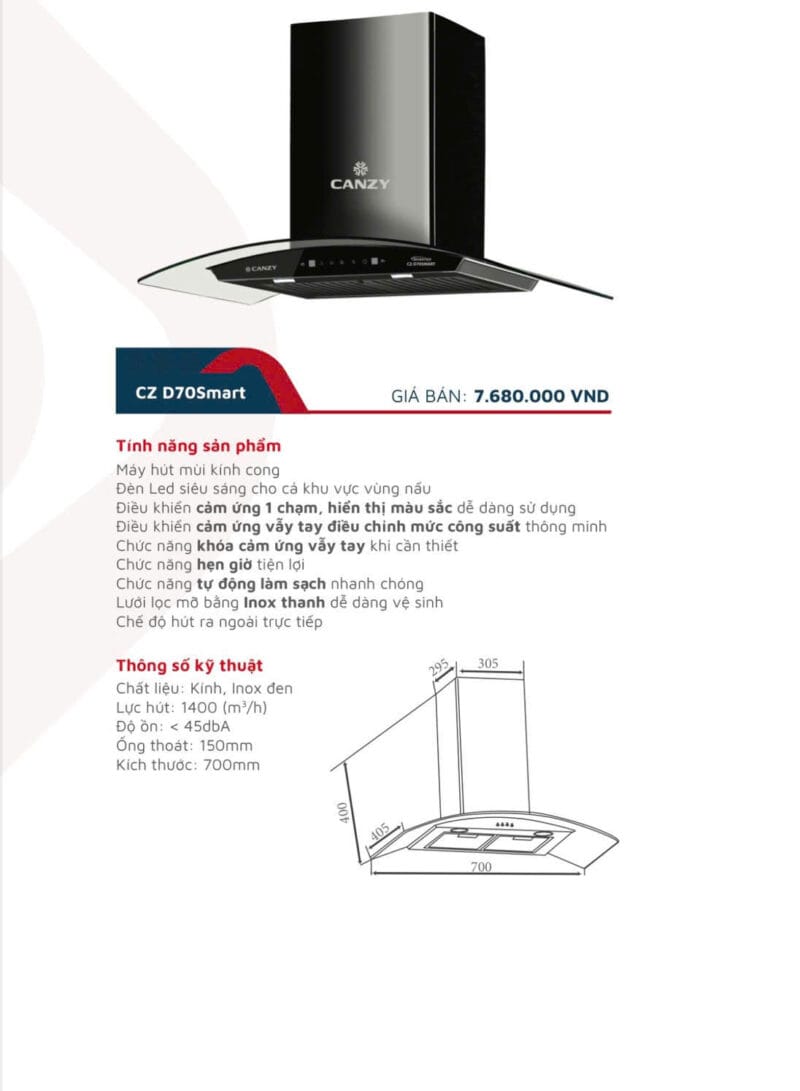 Hút mùi kích thước 700 Canzy