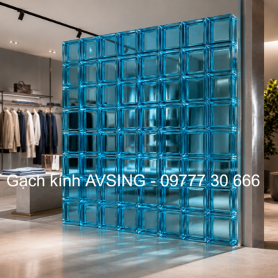 Vách tường ngăn cửa hàng bằng gạch kính màu xanh dương
